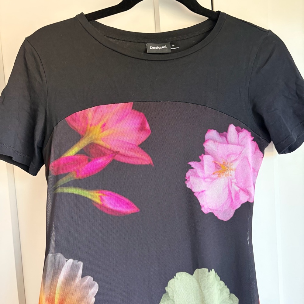 Desigual Black Mini Dress with Pink and Green Floral Print | M - Picture 4 of 6